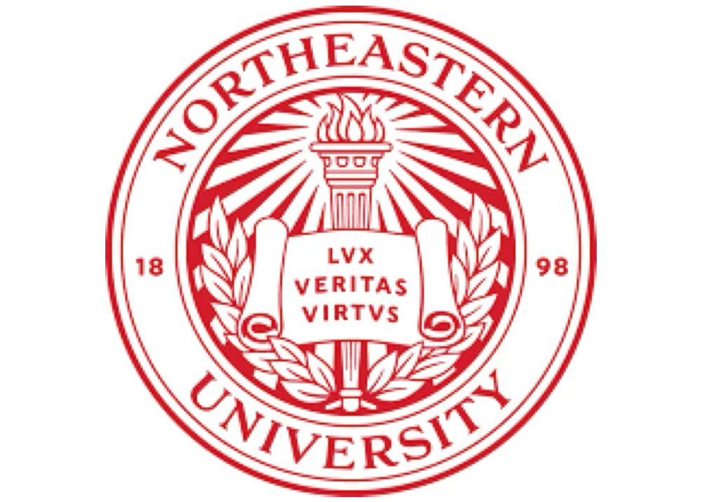 Northeastern University seal, red and white, with a torch, scroll, and the words