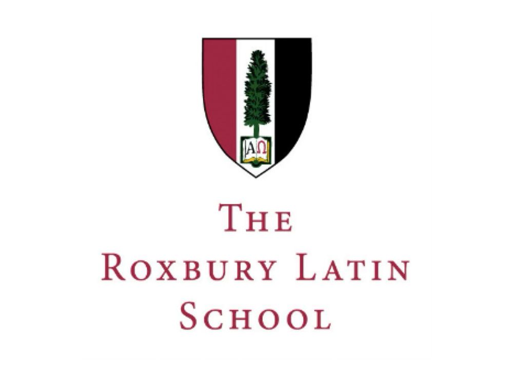Logo of The Roxbury Latin School: shield with a tree, Greek letters, and text in burgundy.