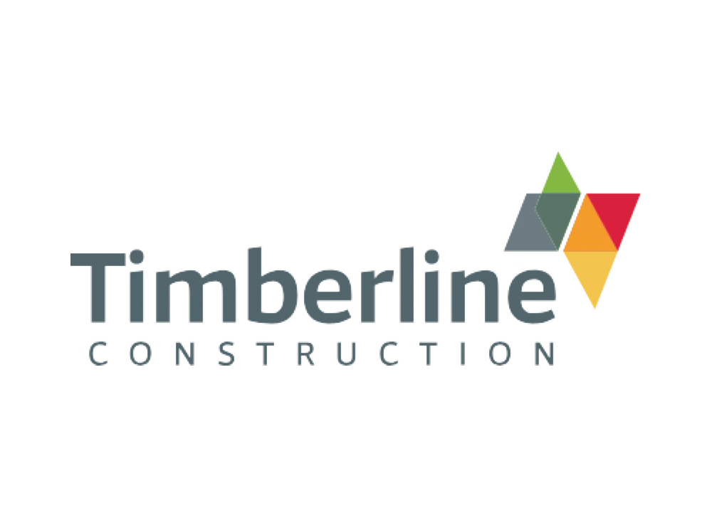 Timberline Construction logo: gray text with a geometric design of green, gray, red, and orange triangles.