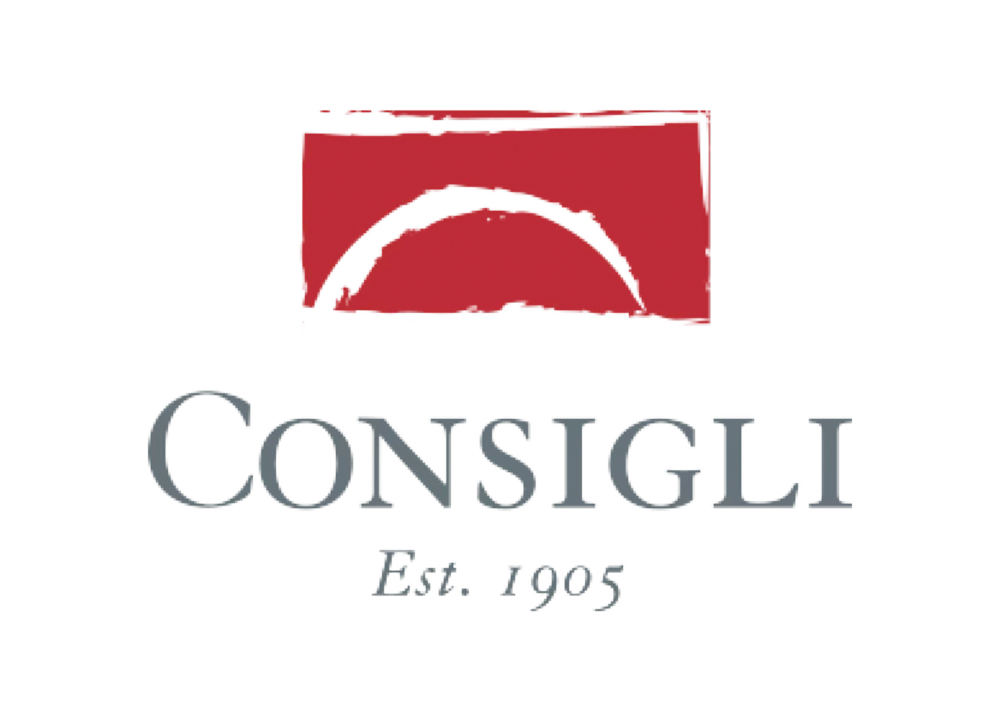 Consigli logo: Red rectangle with arch above gray