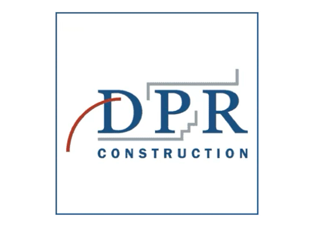 Logo for DPR Construction with blue letters DPR, gray construction graphic, and the word CONSTRUCTION below.