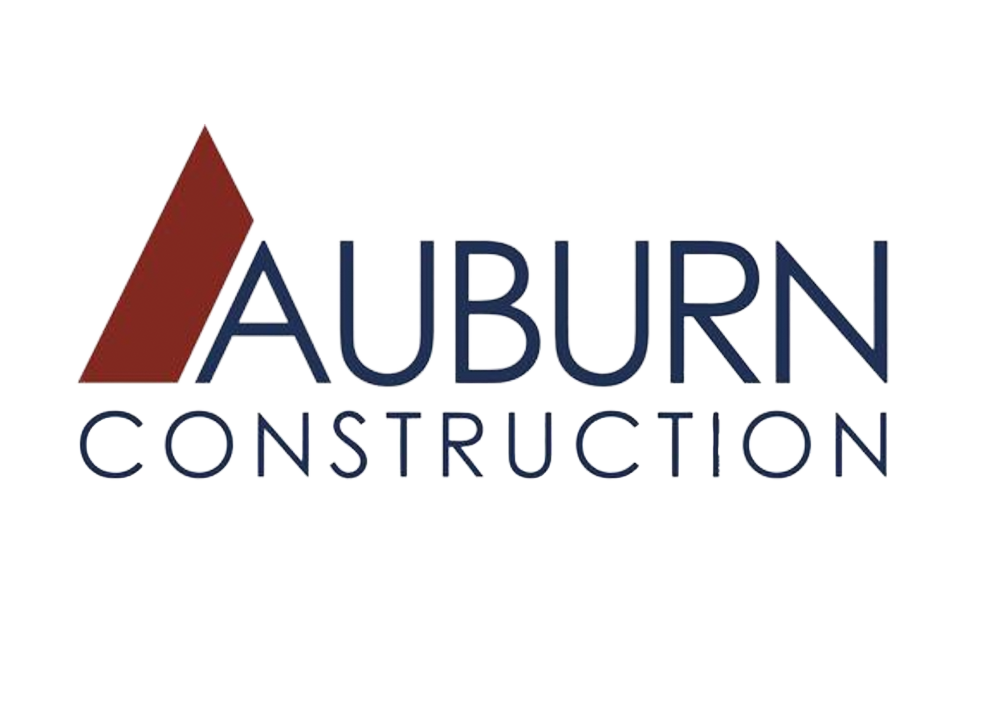 Logo for Auburn Construction featuring a red triangular shape and the company name in navy blue.