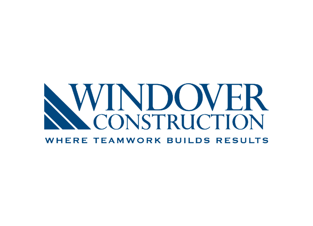 Logo for Windover Construction: Blue text, triangle design,