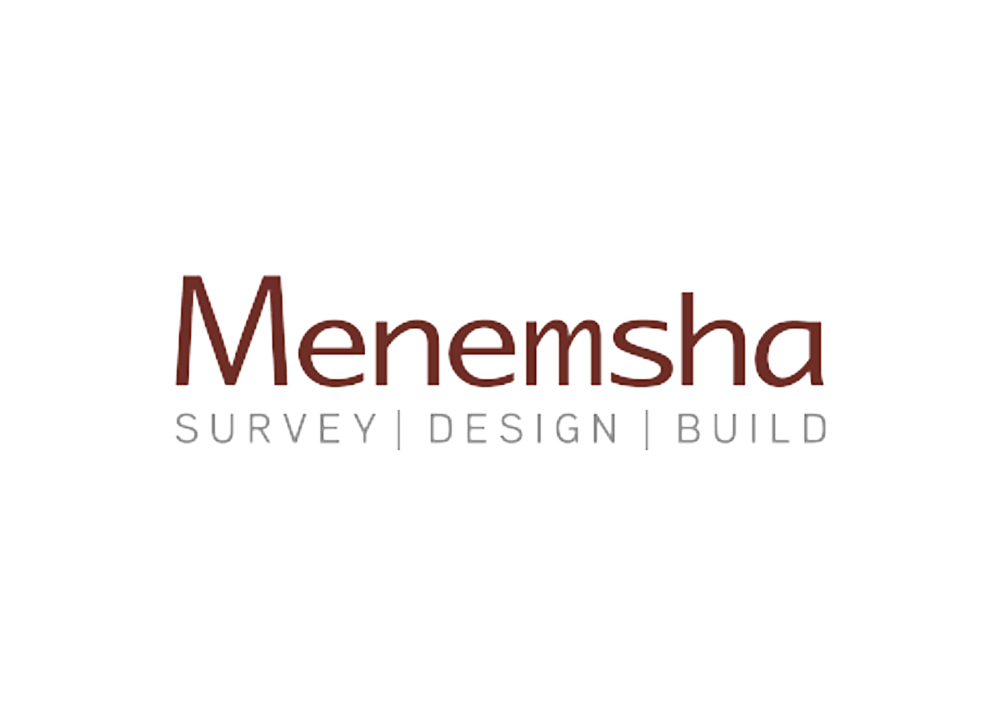 Logo for Menemsha, a company offering survey, design, and build services; the name is in dark red, with taglines in gray.