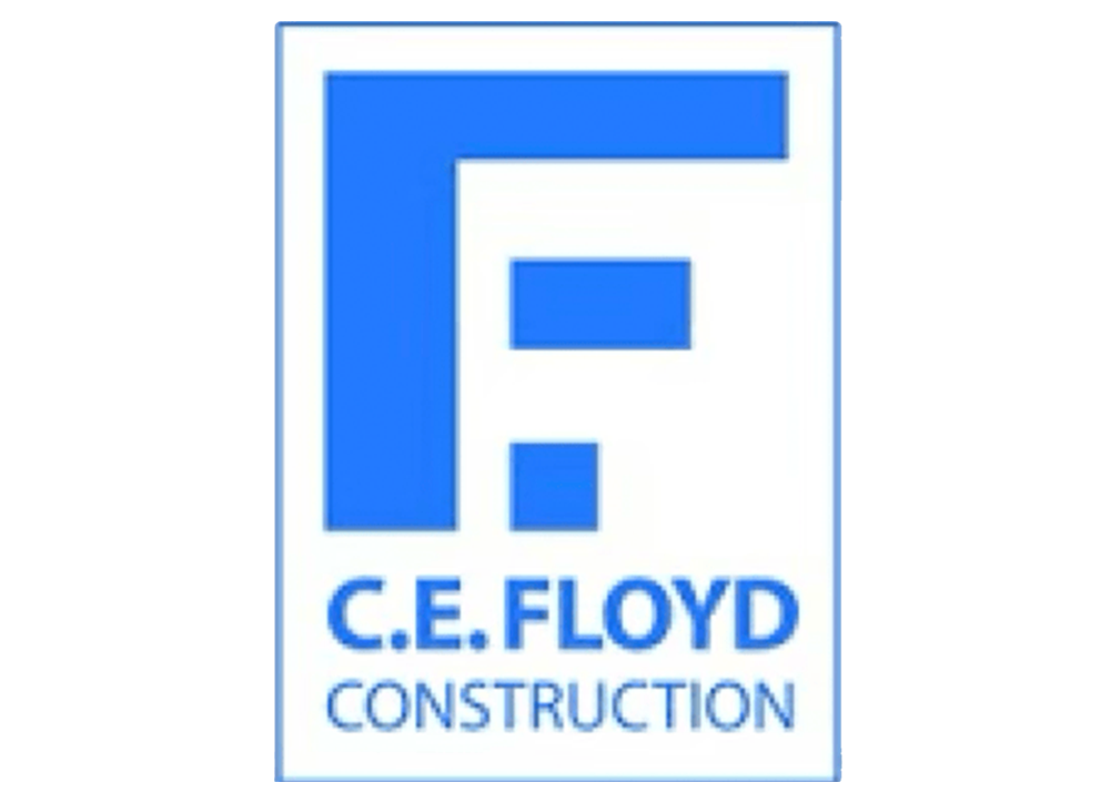Blue and white C.E. Floyd Construction logo. A blue