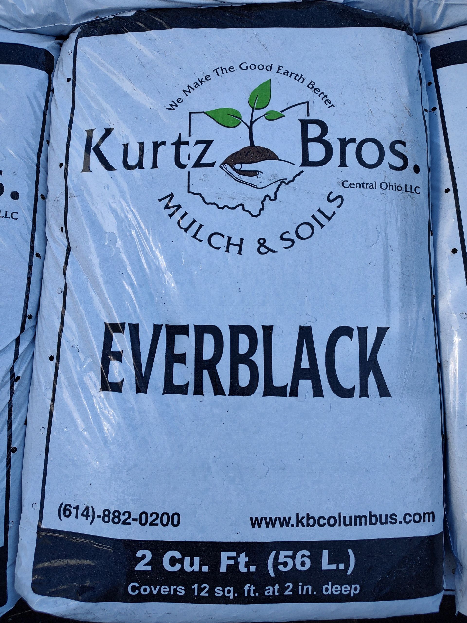 Bag of Kurtz Bros. Everblack mulch, 2 cu. ft., black bag with white text and logo.