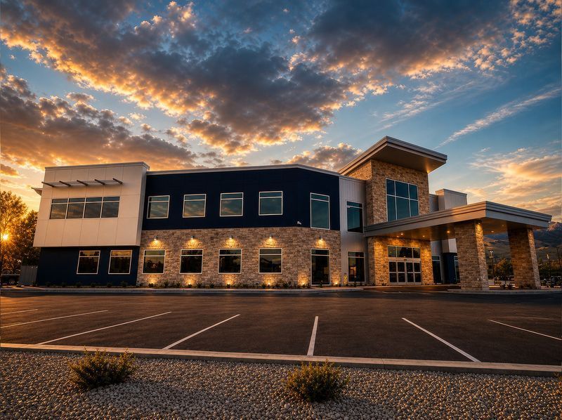 Modern building exterior with stone and dark siding at sunset under a dramatic cloudy sky