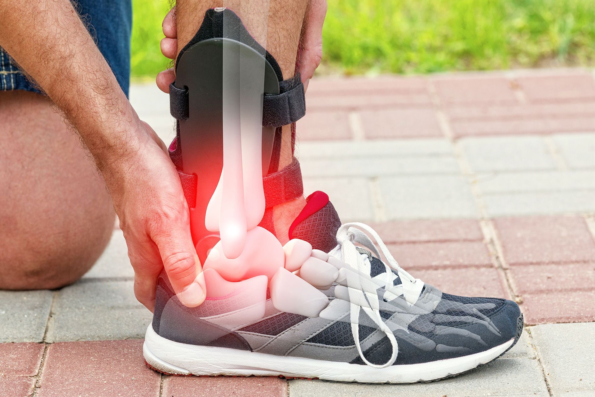 Person holding a runner’s ankle with a red glow indicating pain or injury