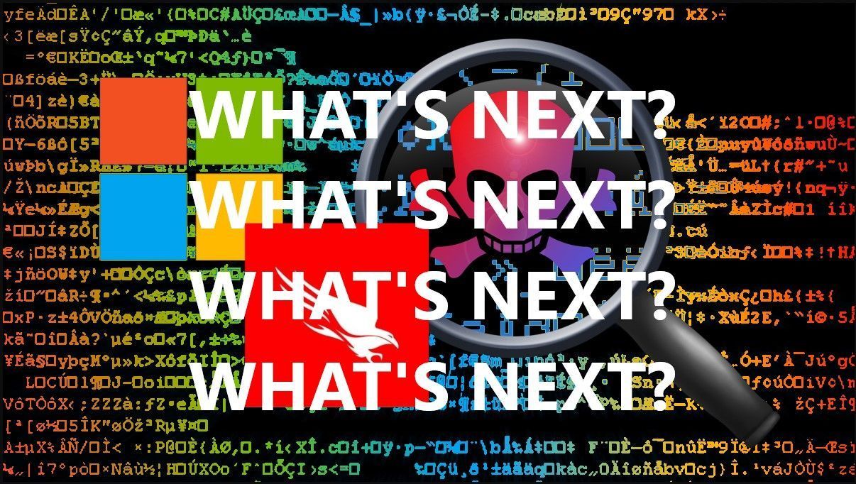 Colorful “WHAT’S NEXT?” text over code and a magnifying glass on a black background