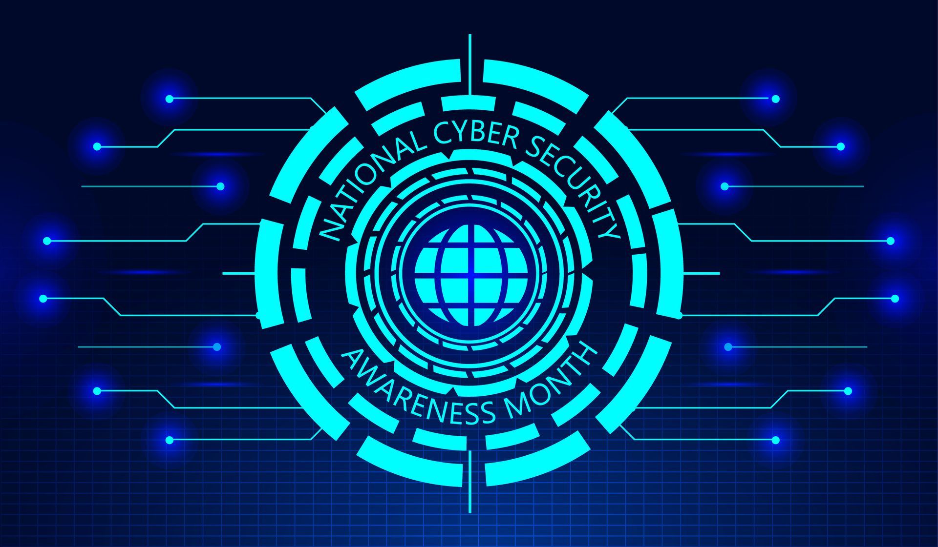 Blue digital cyber security awareness month graphic with circuit lines and globe icon