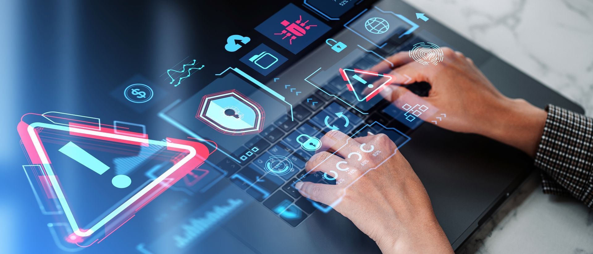 Hands typing on a holographic touchscreen with glowing security icons and warning symbols