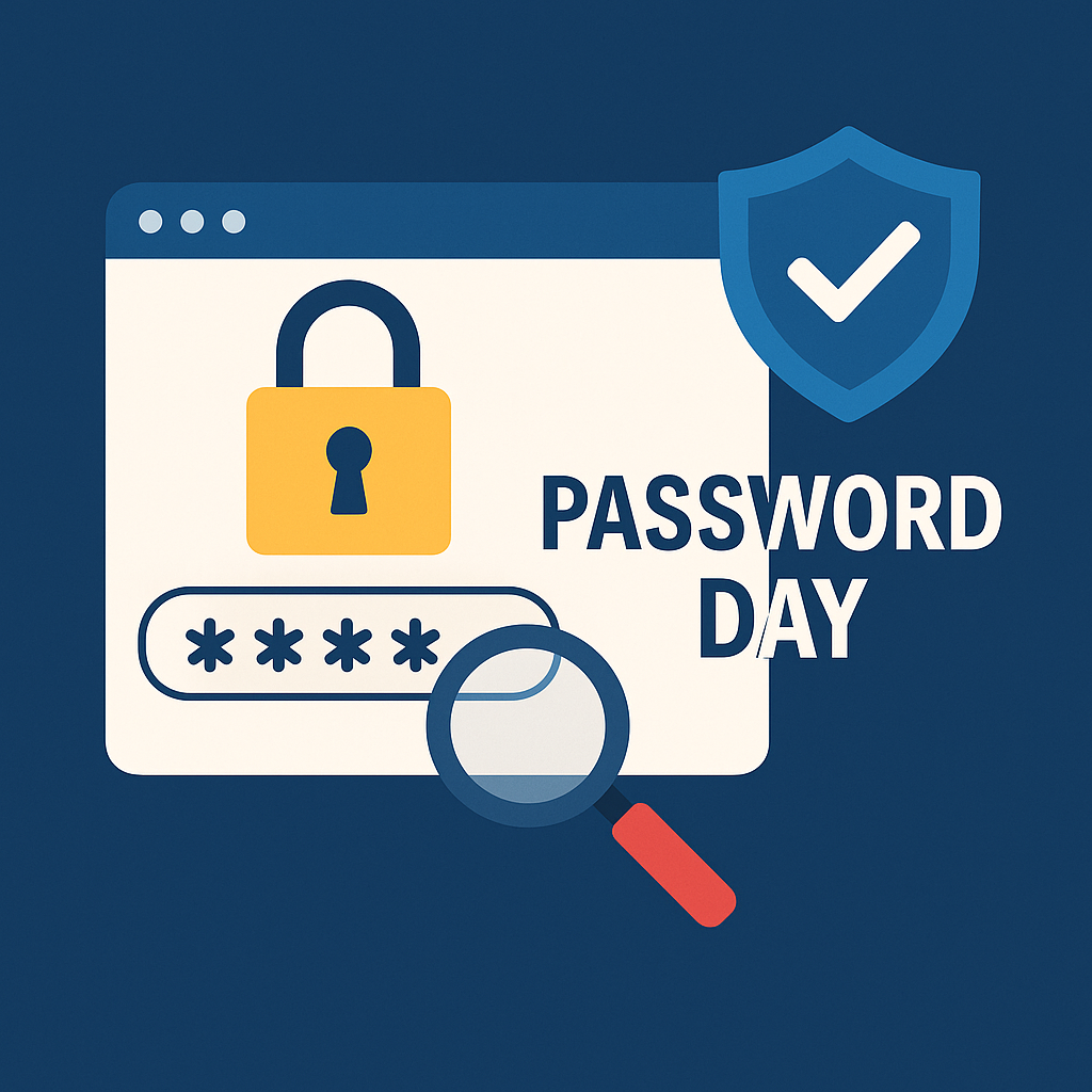 Password Day graphic with a padlock, password field, magnifying glass, and blue security shield