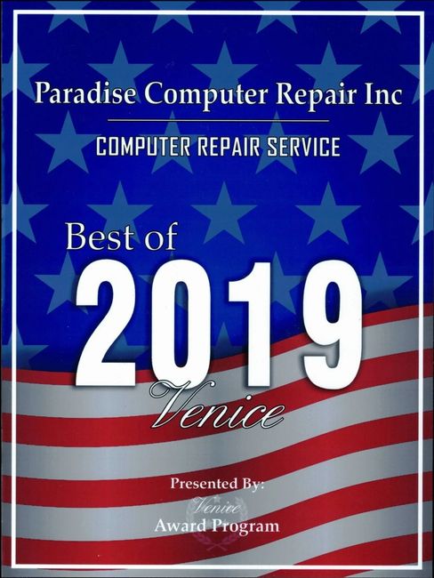 Blue award poster with stars and American flag, reading “Paradise Computer Repair Inc Best of 2019 Venice.”