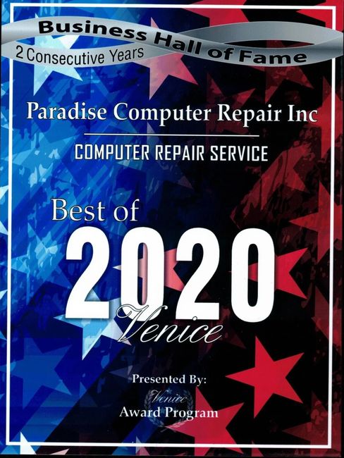 Business Hall of Fame award plaque for Paradise Computer Repair Inc., Best of Venice 2020, red and blue stars