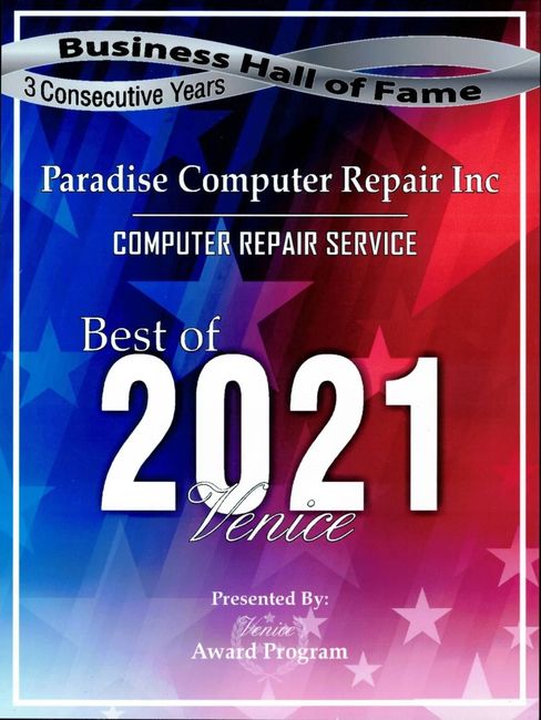 Business Hall of Fame award plaque for Paradise Computer Repair Inc, “Best of 2021,” with blue and red background.