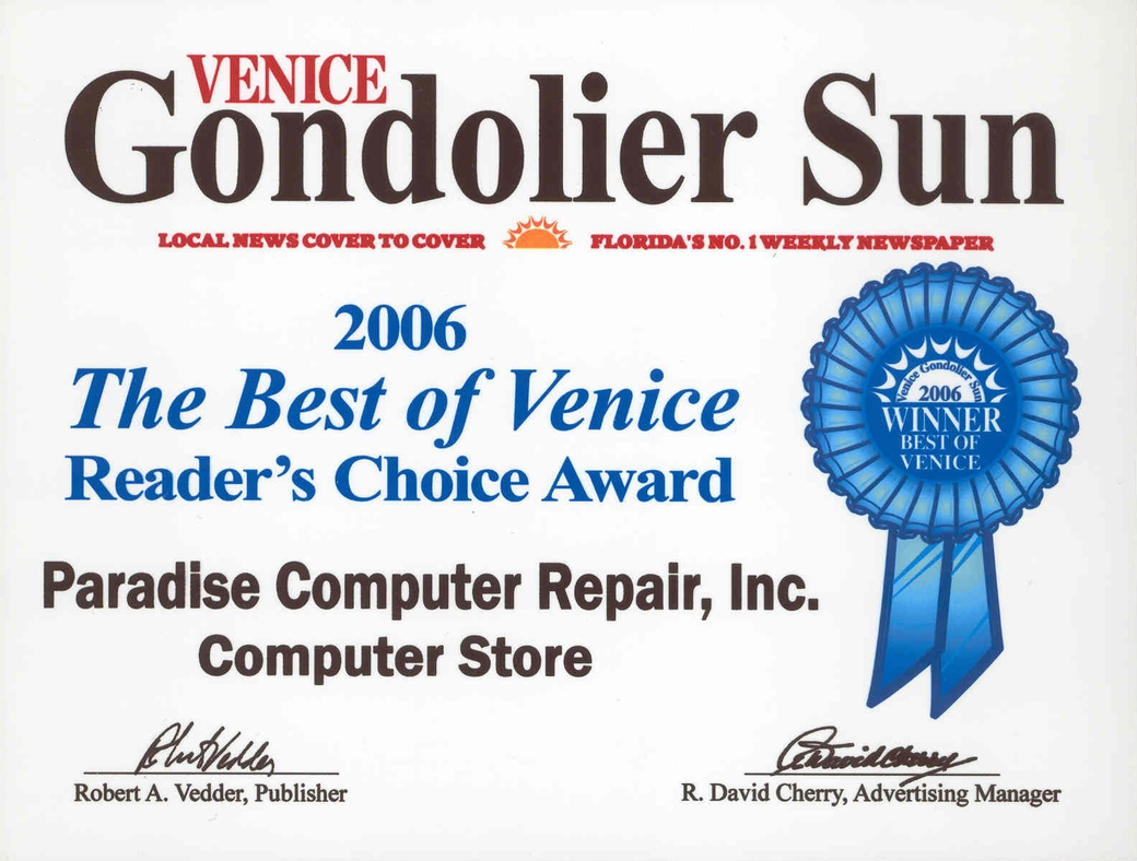 Venice Gondolier Sun 2006 Readers’ Choice Award for Paradise Computer Repair, blue ribbon seal