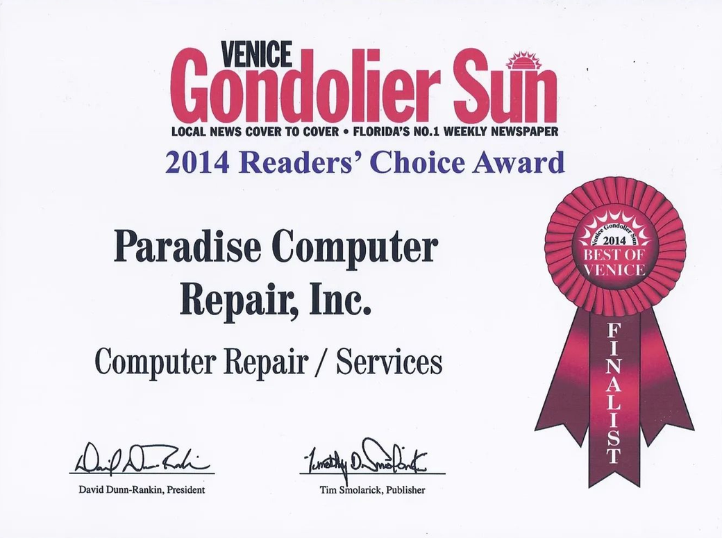 Venice Gondolier Sun 2014 Readers’ Choice Award for Paradise Computer Repair, Inc.