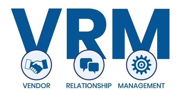 The acronym VRM in blue letters, each with an icon below: a handshake, speech bubbles, and a gear for vendor management.