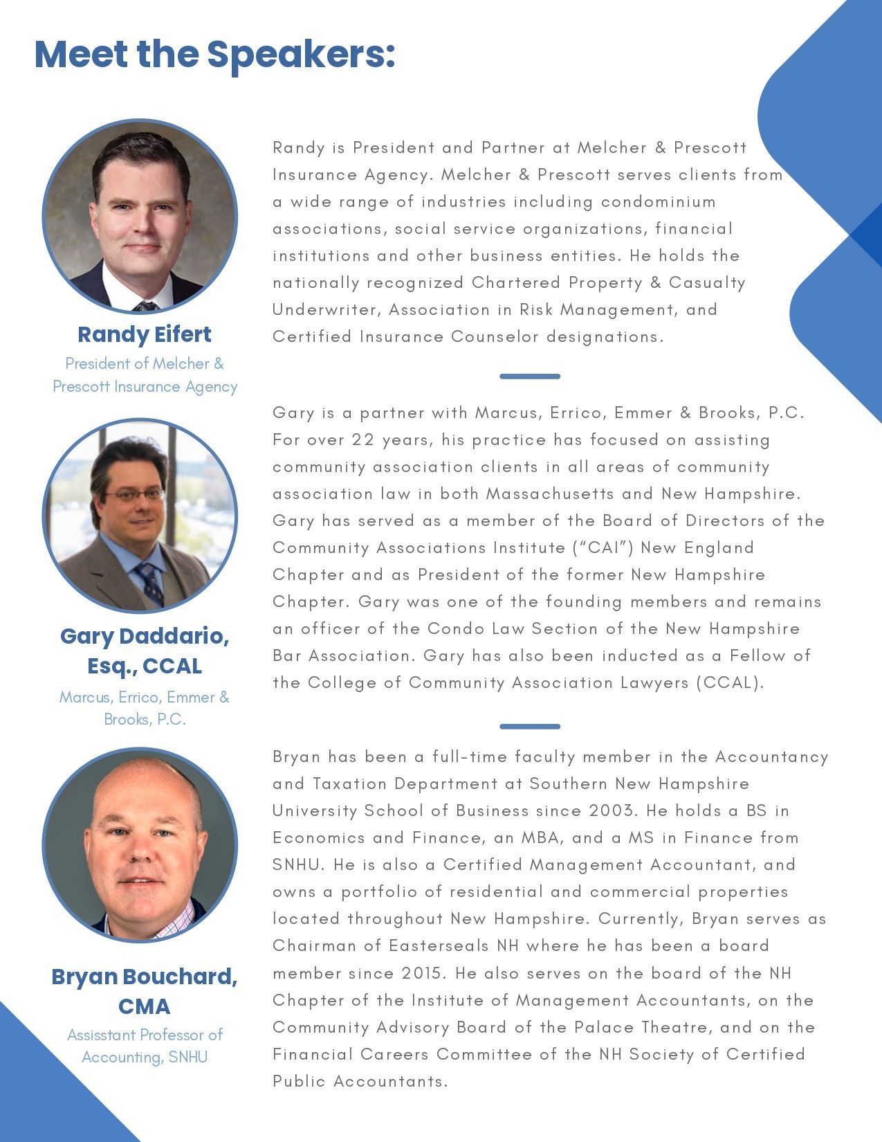 Three headshots with names: Andy Dileri, Gary Dasario, and Bryan Bouchard.