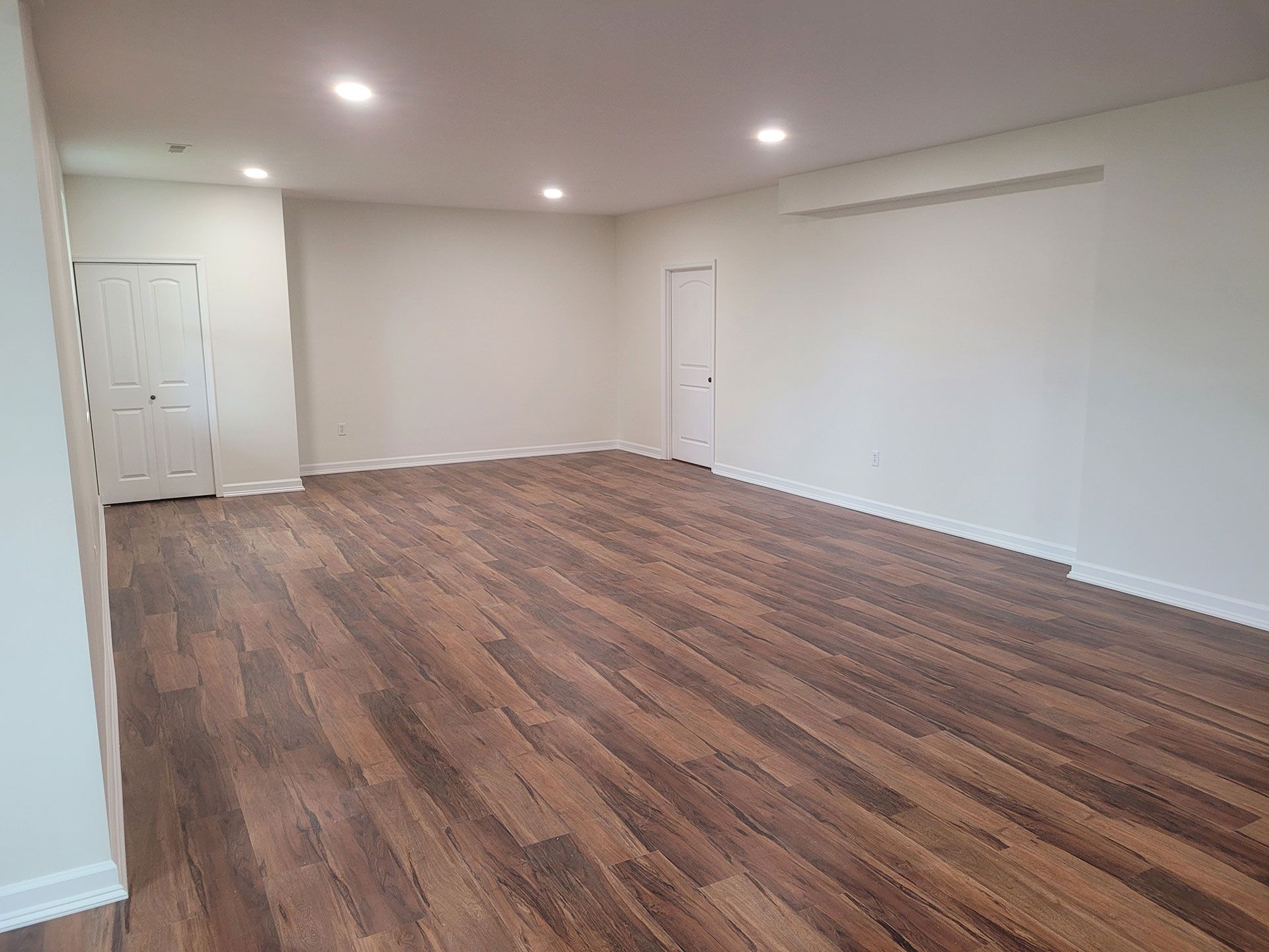 Empty room with dark wood-look flooring and white walls, recessed lighting, two doors.