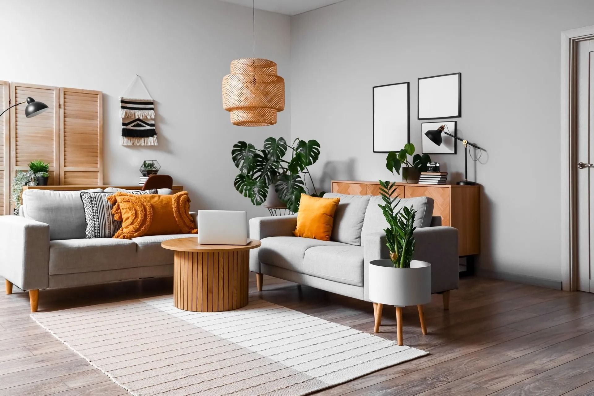Living room with gray sofas, wooden accents, plants, and a rug.