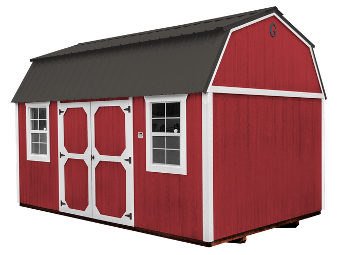 Red barn-style garden shed with white trim and a black roof on a white background