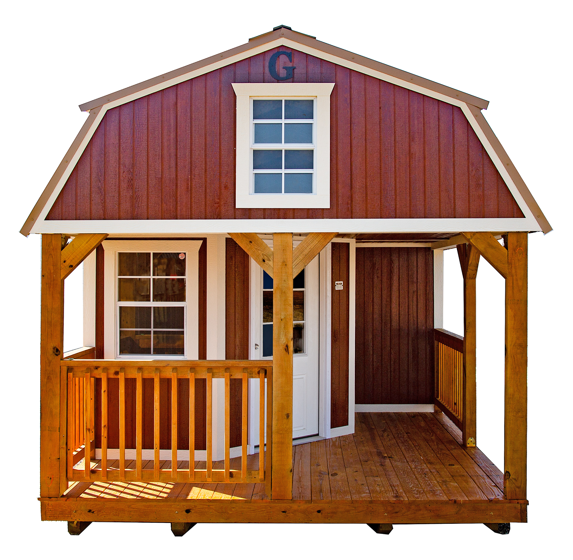 Red wooden shed with white double doors and a peaked roof