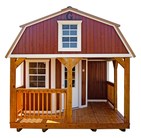 Wooden playhouse with porch, white trim, and red siding on a white background