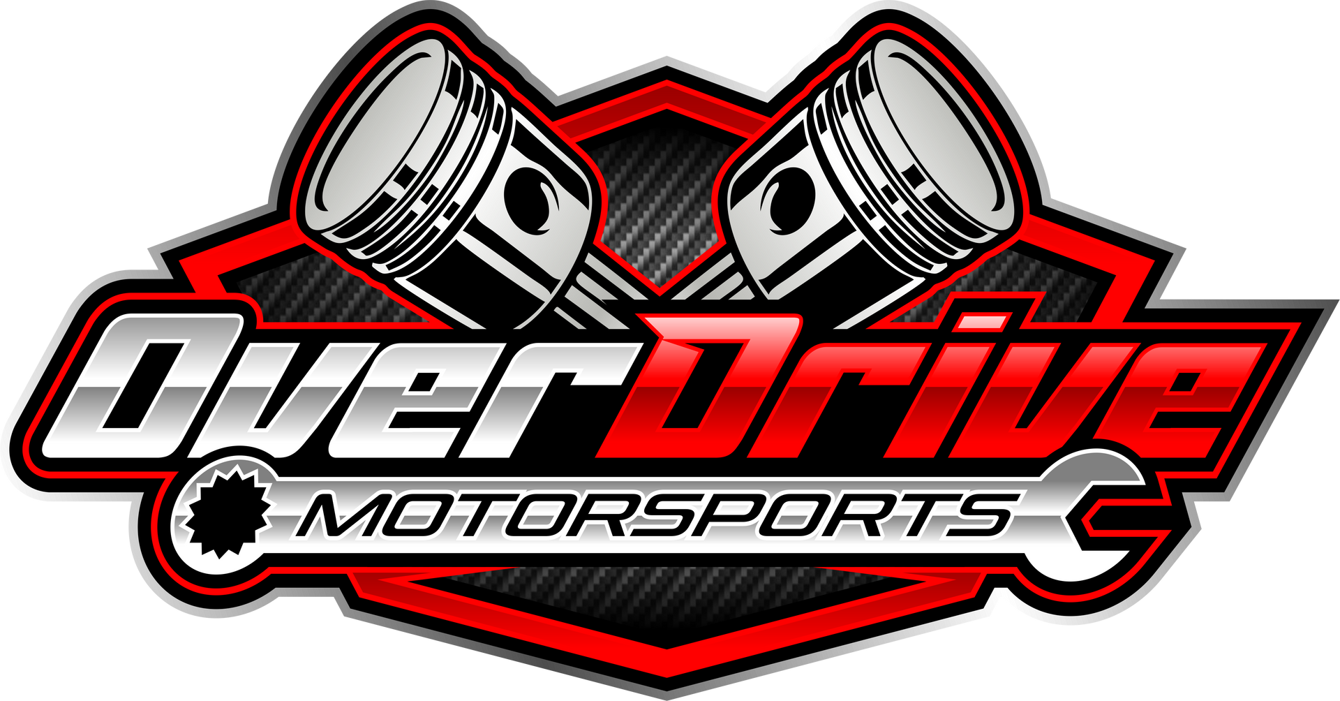 The word "OVERDRIVE" in large red letters above the word "MOTORSPORTS" in white letters on a black background.