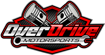 The word "OVERDRIVE" in large red letters above the word "MOTORSPORTS" in white letters on a black background.