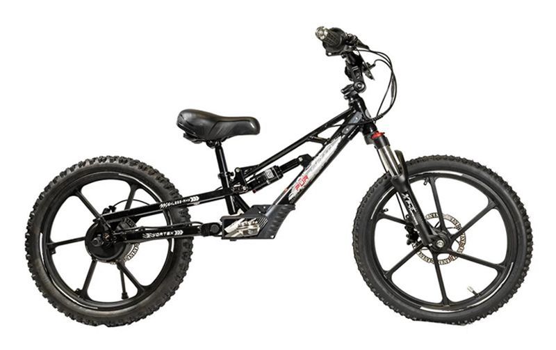 A black full-suspension electric mountain bike with mag wheels, side-facing against a plain white background.