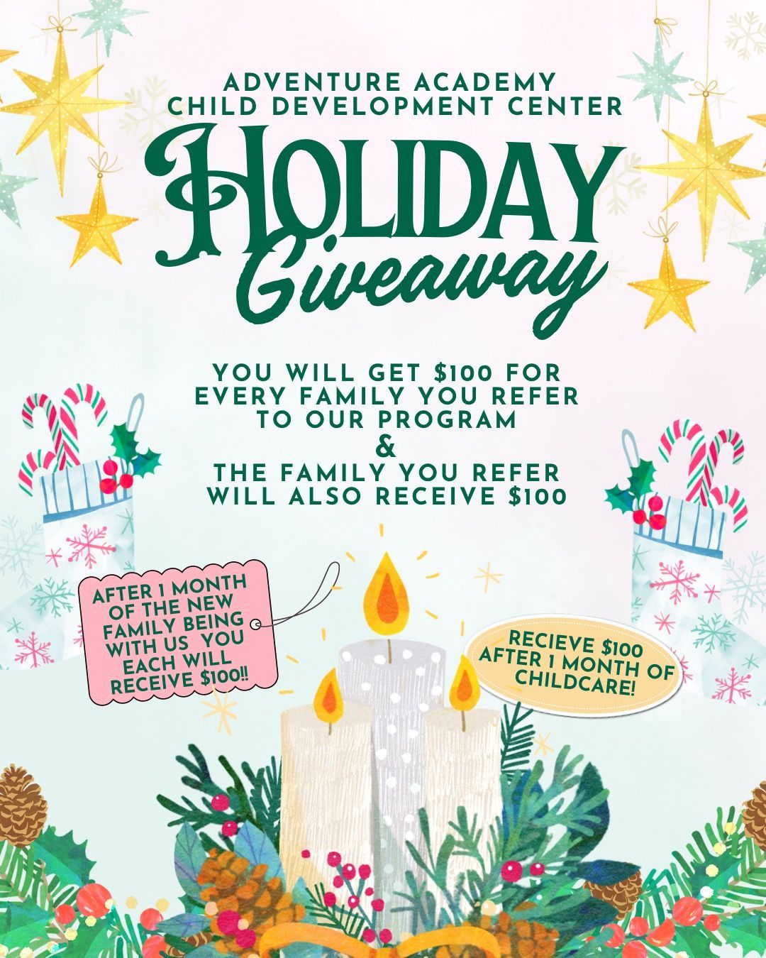 Holiday Giveaway flyer: Adventure Academy offering $100 for each family referral, and $100 for the referred family.
