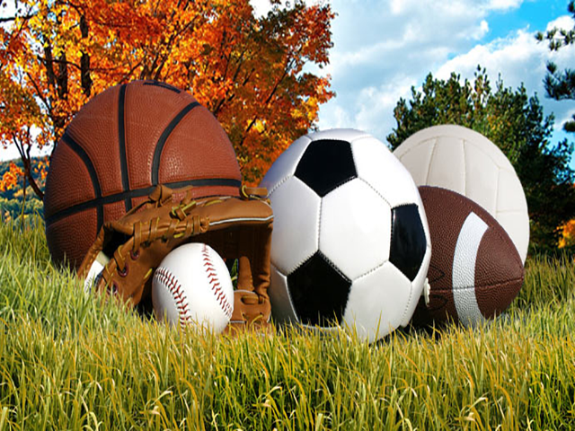Various sports balls in grass: basketball, soccer ball, baseball, and football with autumn trees behind them