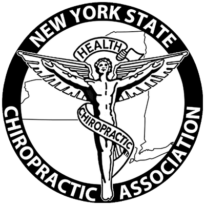 New York State Chiropractic Association logo with winged figure and health ribbon in black and white