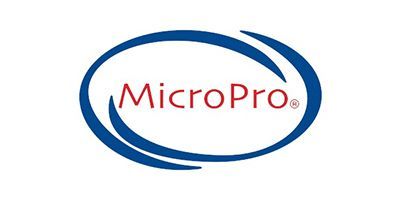 MicroPro logo with red text inside a blue oval swirl outline