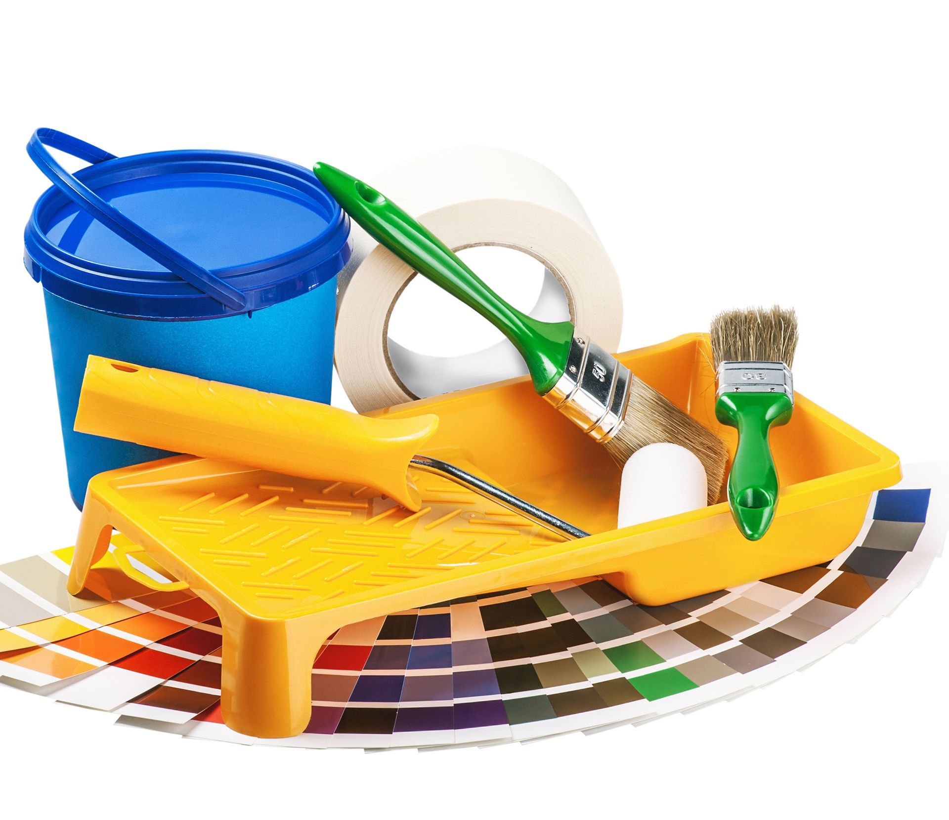 Paint tray with blue and green paint tools, roller, brush, bucket, and color swatches