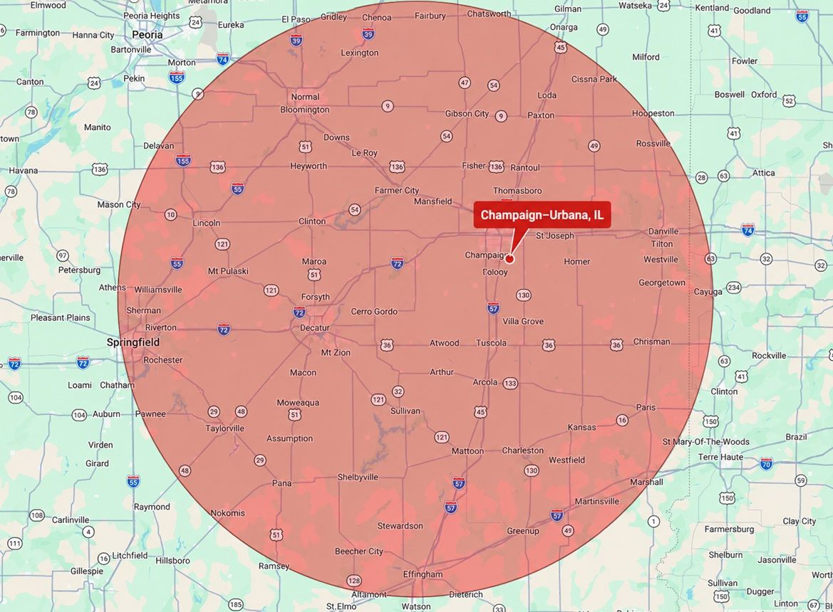 Map with a large red shaded circular area and a red label marking a location near the center - Armstrong Lumber