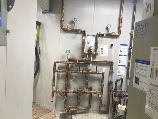 Industrial plumbing pipes and valves mounted on a wall in a utility room.