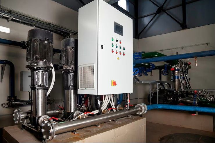 Industrial machinery with pipes and a white control panel in a factory room