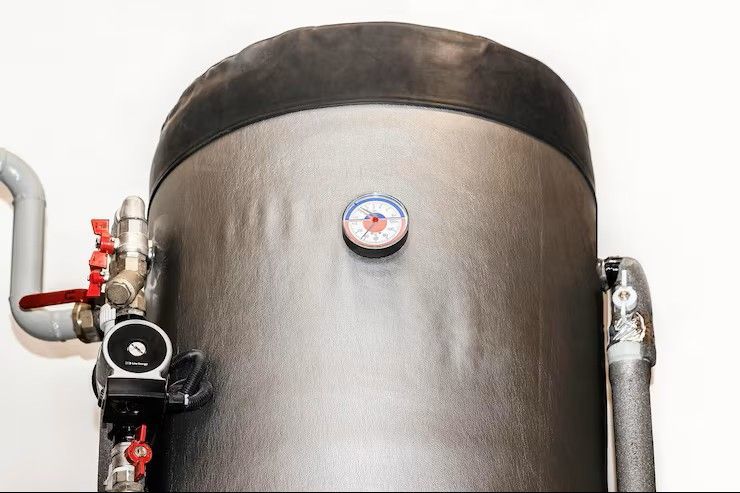 Close-up of a gray industrial tank with pipes, valves, and a round gauge on the front.