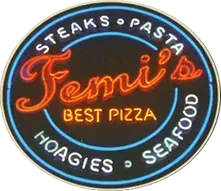 A neon sign for fenni 's steaks pasta best pizza hoagies seafood