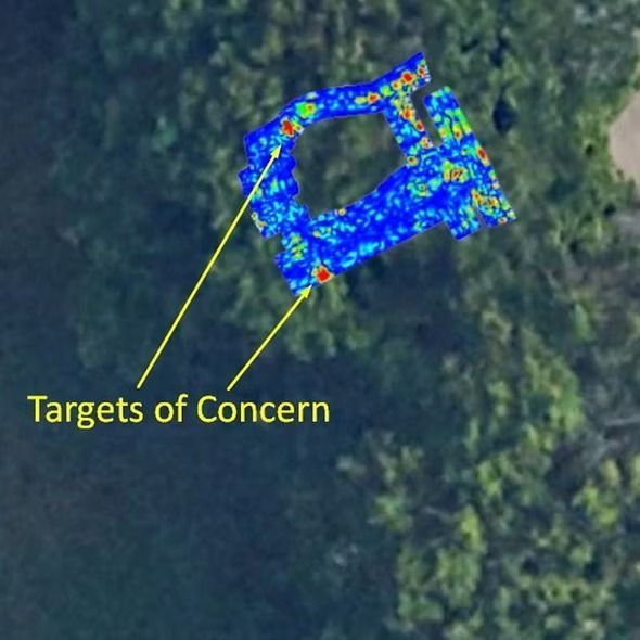 Aerial view of a forest with a blue highlighted shape labeled “Targets of Concern.”