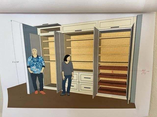 A drawing of two people standing in front of a closet