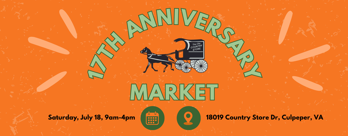 Orange flyer for the 17th Anniversary Market with a horse-and-cart logo and event details below