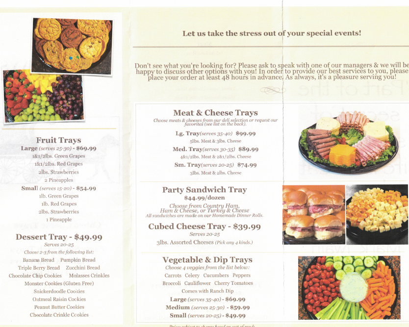 Menu with food trays: fruit, dessert, meat/cheese, sandwich, cheese cubes, vegetables/dip; text descriptions.