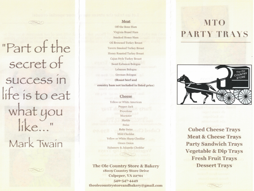 Brochure for a party tray service. Quotes, menu items, and a horse-drawn buggy are shown.