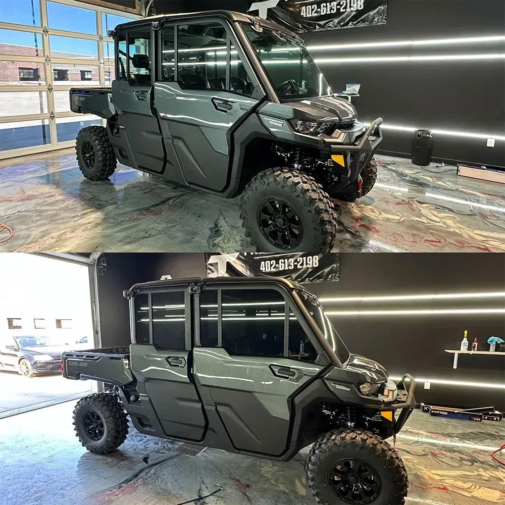 Gray off-road utility vehicle in a garage, shown from the front and side in two stacked views.