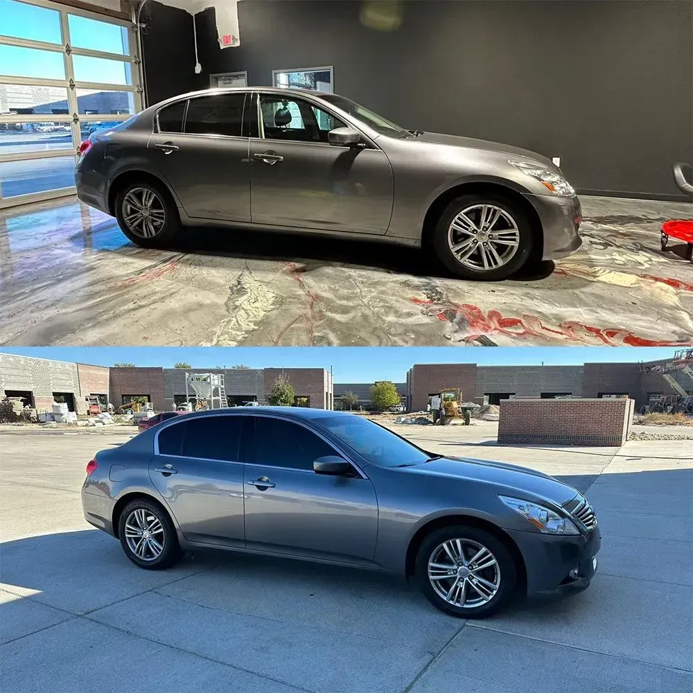 Silver sedan parked indoors and outdoors, shown in two side-profile views.