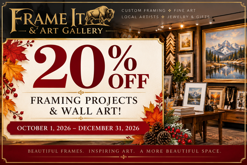 Frame It Art Gallery ad: 20% off framing projects and wall art, Oct. 1, 2025–Dec. 31, 2026, with gallery interior.