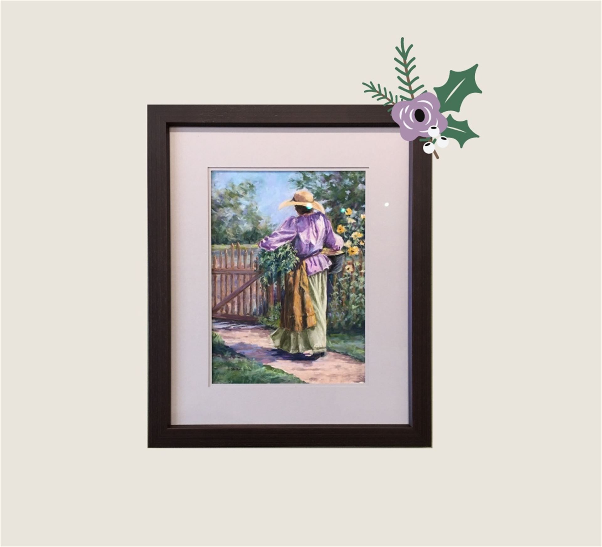 A framed painting of a woman standing next to a wooden gate
